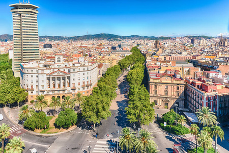 La rambla 大道商业步行街，西班牙，巴塞罗那，加泰罗尼亚的鸟瞰图