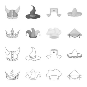 皇冠, 小丑帽, 库克, 锥。帽子集合图标的轮廓, 单色风格矢量符号股票插画网站