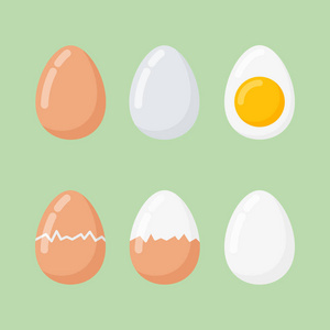 一套生鸡蛋和煮熟的蛋。平面式矢量图
