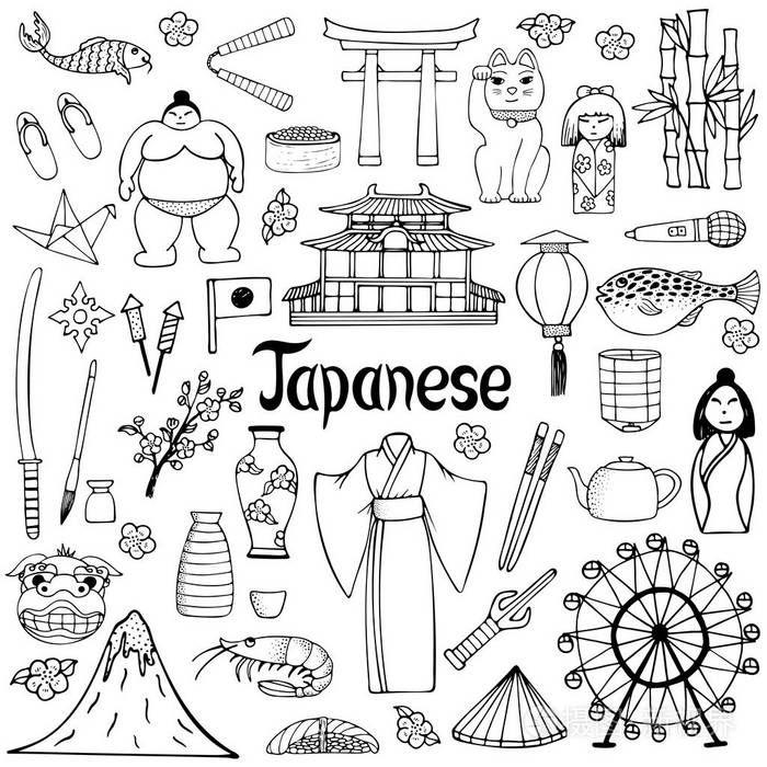 一组关于日本文化的手绘插图插画-正版商用图片07eznd-摄图新视界