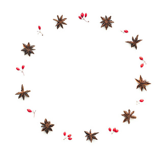 白色背景红色浆果和八角星的圣诞节框架