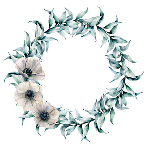 水彩花圈与桉树叶子和海葵。手绘花卉花圈与树枝和白色花朵查出的白色背景。设计打印或背景插图