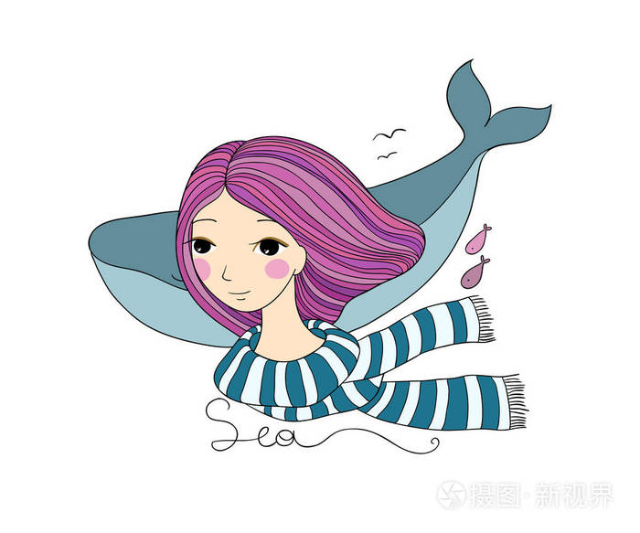 年轻漂亮的女孩水手与鲸鱼