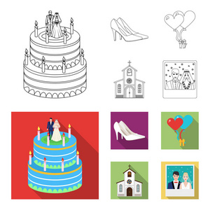 婚礼和属性卡通, 平面, 轮廓, 黑色图标在集集合为设计。新婚夫妇和附件矢量符号股票 web 插图