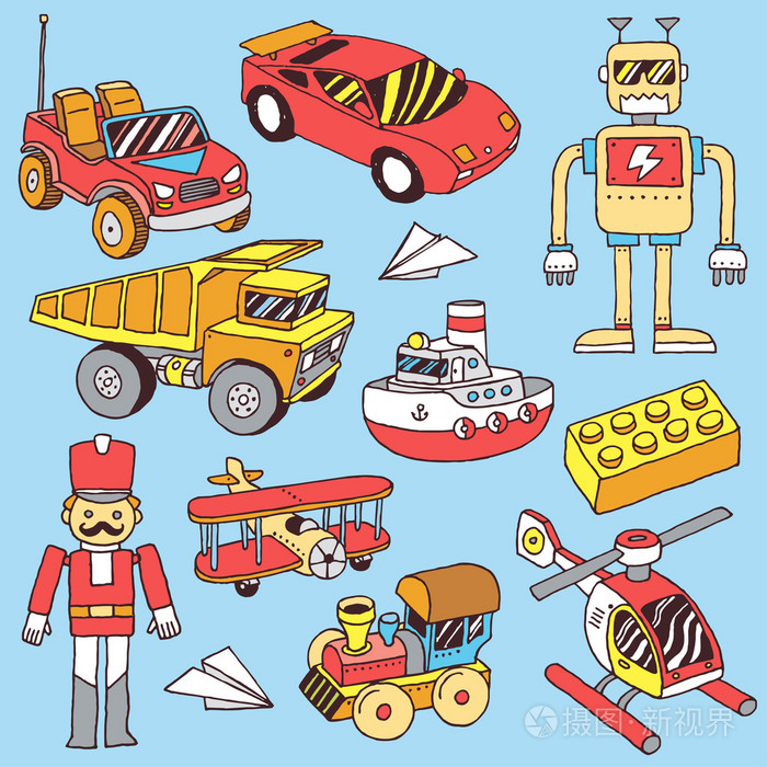 手绘多彩的男孩玩具集