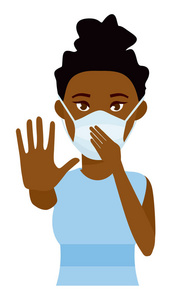 显示手势停止的非洲妇女。年轻妇女与医学卫生保健面具反对白色房间背景。卡通矢量插画