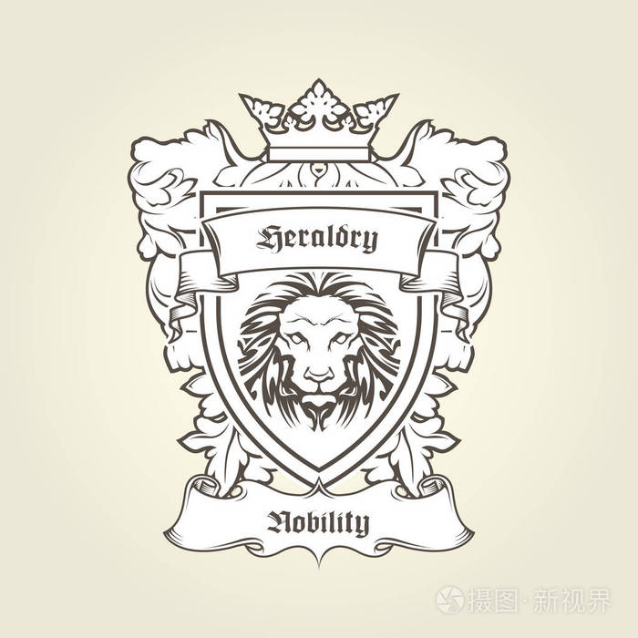 纹章徽章-徽章与狮子的头在盾与