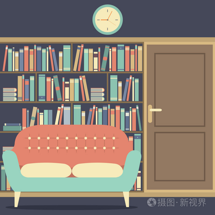 阅读在一个巨大的书架前面的座位