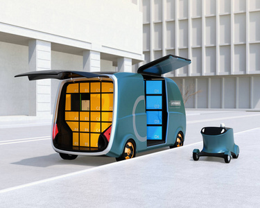 自驾车送货车和无人机在街上。最后一英里的概念。3d 渲染图像