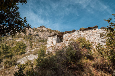 科西嘉 Venaco 附近山上的废弃石建筑