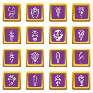 冰淇淋图标设置紫色方形矢量
