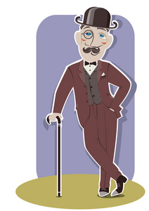 绅士与雪茄和棍子.有趣的卡通人物.