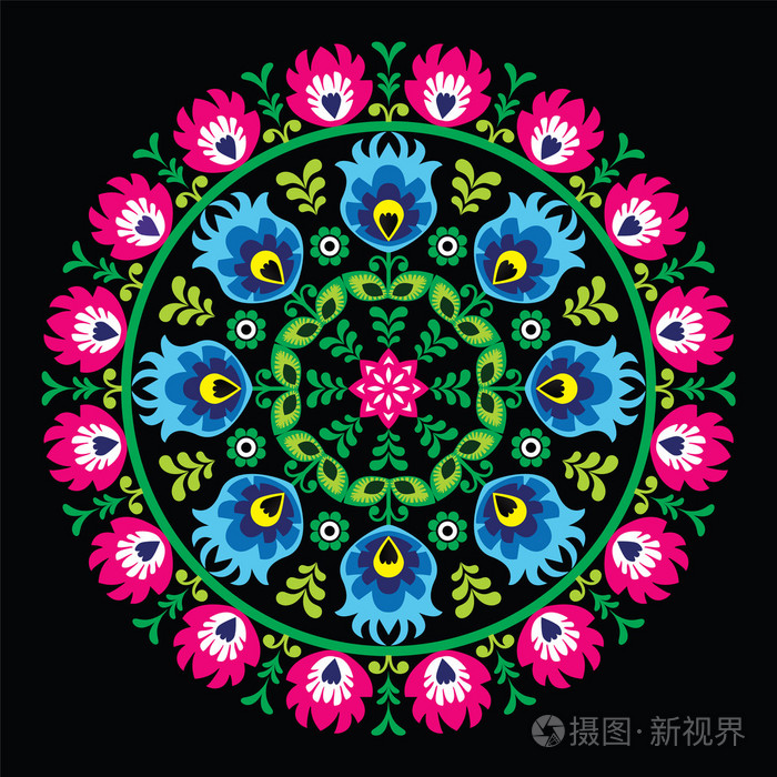 波兰传统圆民间艺术图案上黑-wzory lowickie, wycinanka