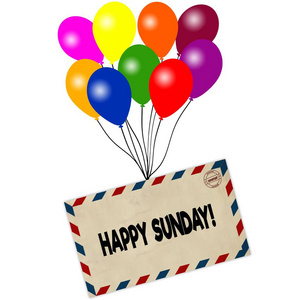 星期日快乐在白色背景上被隔绝的彩色气球拉扯的信封