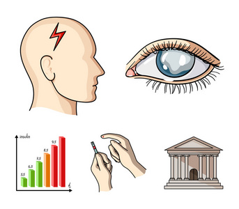 视力差, 头痛, 葡萄糖测试, 胰岛素依赖性。糖尿病集合图标的卡通风格矢量符号股票插画网站
