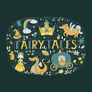 矢量童话插图手绘元素公主, 龙, 城堡, 鼠标, 麒麟, 彩虹, 魔术帽, 南瓜马车, 在黑暗的背景冠