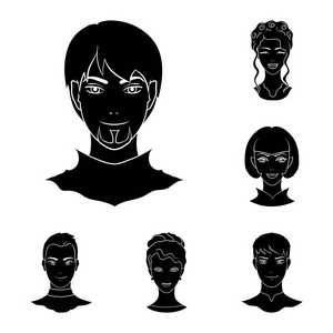 头像和脸黑色图标在集合中的设计。一个人的外观矢量符号股票 web 插图