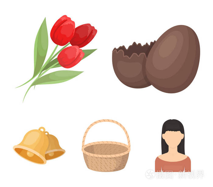 巧克力蛋 钟声 篮子和鲜花。复活节在卡通风格矢量符号股票图 web 设置集合图标