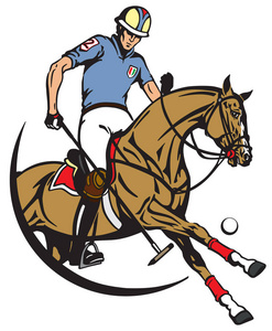 马球球员坐在马背上, 手持一个长柄木槌击球。马驰骋。马术运动。矢量插图