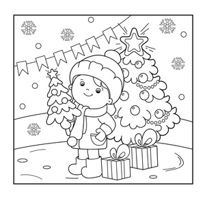 着色页轮廓的女孩与礼物在圣诞树上。圣诞节。新年。着色书为孩子