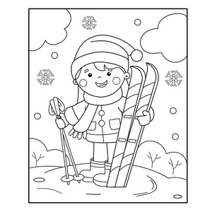 着色页轮廓的卡通女孩与滑雪板。冬季运动。着色书为孩子