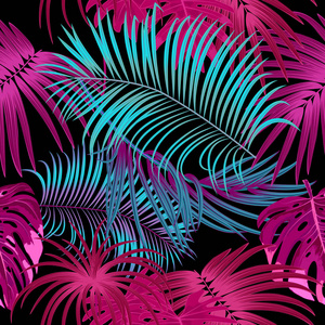 热带丛林棕榈叶无缝模式, 矢量花卉图案背景, 异国情调的打印
