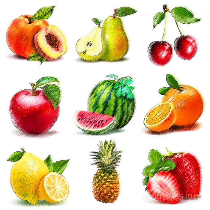 组的水果.像手绘彩画的数字图形