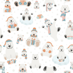 可爱的北极熊无缝模式。圣诞节日贺卡, 海报设计元素。矢量插图