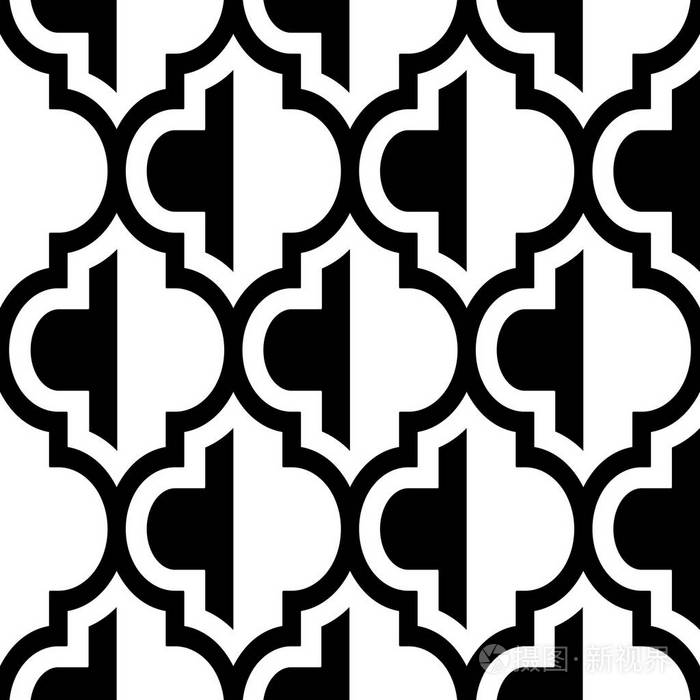 摩洛哥矢量无缝黑白设计, 瓷砖重复图案, 几何背景