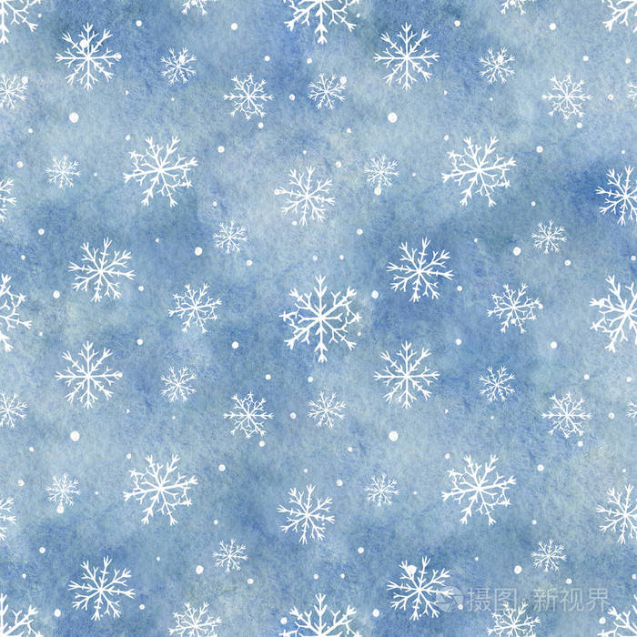 具有蓝色渐变背景和雪花的无缝图案 水彩手画插图 蓝色和灰色水彩污渍的阴影照片 正版商用图片07gtc6 摄图新视界
