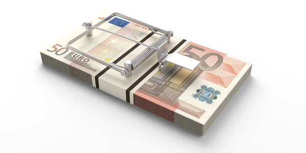 欧元纸币鼠标陷阱孤立在白色背景。3d 插图