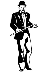 绅士手杖黑色和白色矢量素描一个年轻男子在一个圆顶帽子和手杖照片