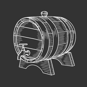 手绘桶插图雕刻风格。葡萄酒威士忌, 葡萄酒或啤酒桶查出的黑色背景