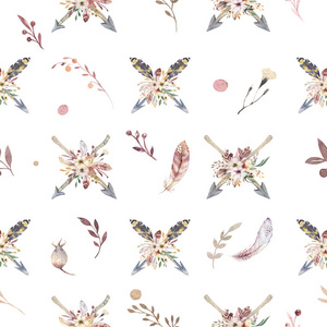 波西米亚无缝水彩图案的箭和野花, 叶子, 树枝花, 插图隔绝, 鸟和羽毛, bohenian 装饰花束