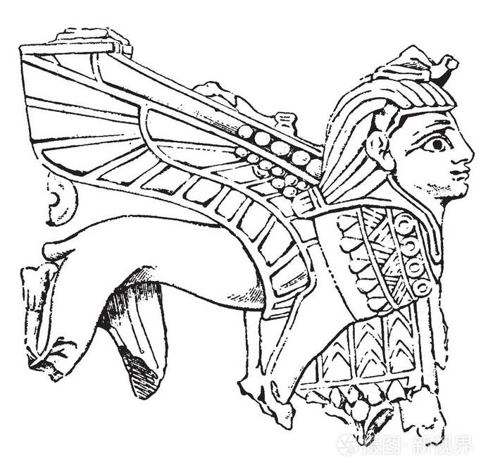 象牙雕刻狮身人面像在高浮雕或ninveh收集雕刻象牙自史前时代复古线条