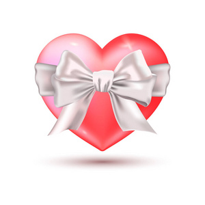 矢量例证的真实粉红色的心与银弓。情人节设计。粉红色的心查出的白色