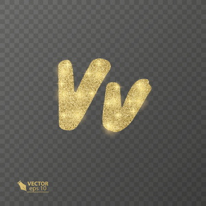 金色的, 闪亮的字母 V 在透明的背景, 一封带有闪光纹理的字母。矢量插图