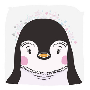 可爱的向量动物企鹅面孔。用于打印在 t恤电话亭上, 用于儿童房, 用于贺卡。绘画例证