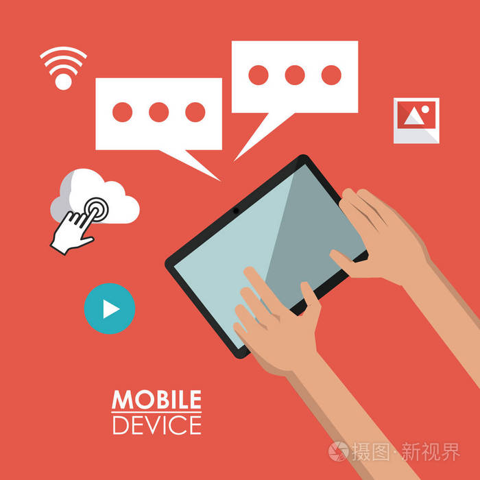 红色背景海报移动设备与平板电脑和在线通信