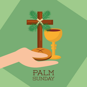 棕榈星期日手捧面包杯耶稣基督绿色背景照片