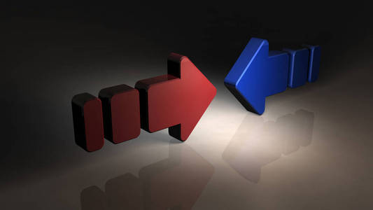 相互箭头两个箭头相互推动.它代表两个对立的力量.3d 插图照片