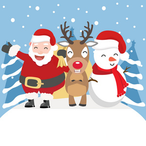 圣诞圣诞老人, 雪人和驯鹿与树背景