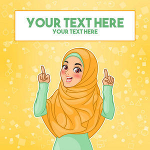 年轻的穆斯林妇女戴头巾面纱指向复制空间, 卡通人物设计, 反对黄色