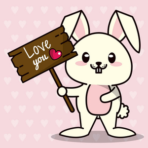 粉红色的背景与心剪影和可爱的可爱动物兔子站在木标志爱你和心脏