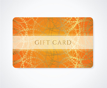 明亮的橙色礼品卡, 商务卡, 折扣卡模板与抽象金模式和框架.