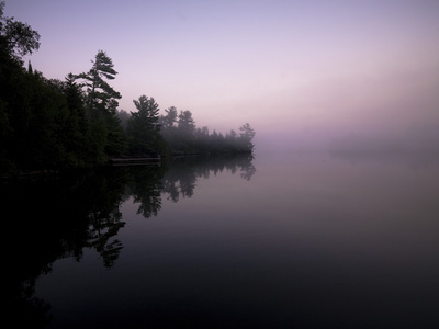 湖的树林，安大略省，加拿大，在湖面上的倒影