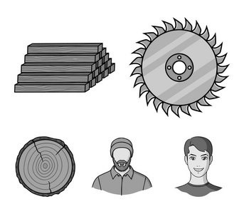 圆锯, 一个工作的木匠, 一堆日志。锯木厂和木材集合图标单色式矢量符号股票插画网