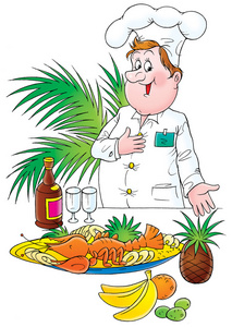 动物介绍骄傲男厨师介绍他食客照片