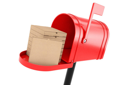 一堆空白纸板比萨饼盒在红色信箱在白色背景。3d 渲染