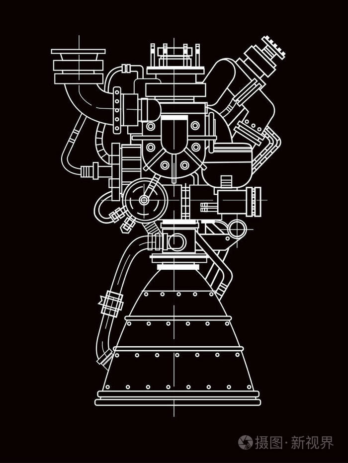 插画 火箭发动机设计.可作为高技术,工程开发和研究的例证.eps